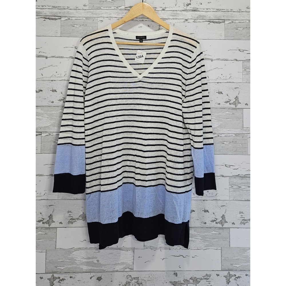 Talbots Women XL Linen V-Neck Striped Colorblock Tunic Sweater Blue Navy White